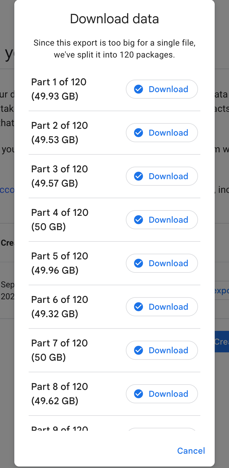 Google Takeout page showing 120 separate download links